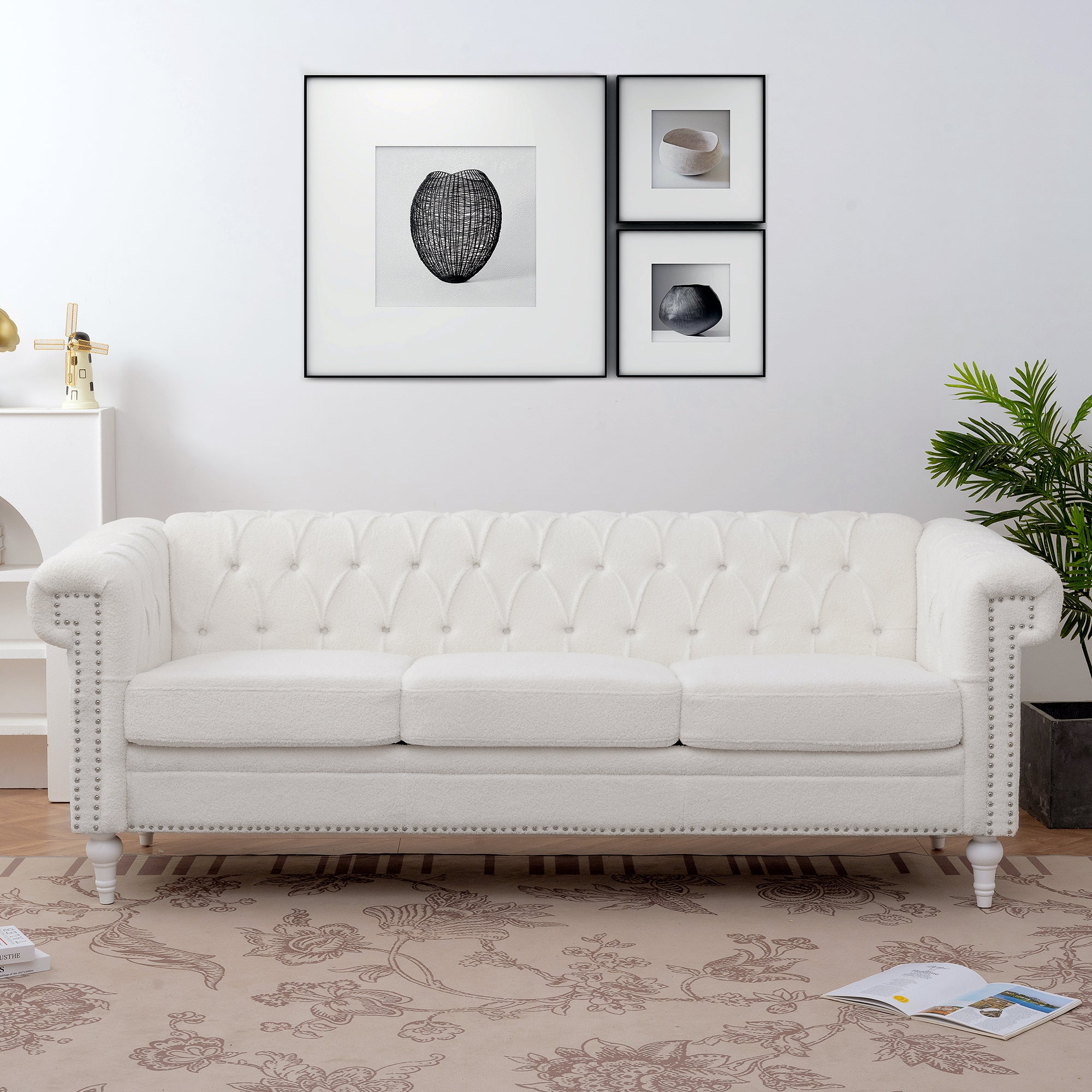 Juliet 83.66" White Boucle Chesterfield Sofa
