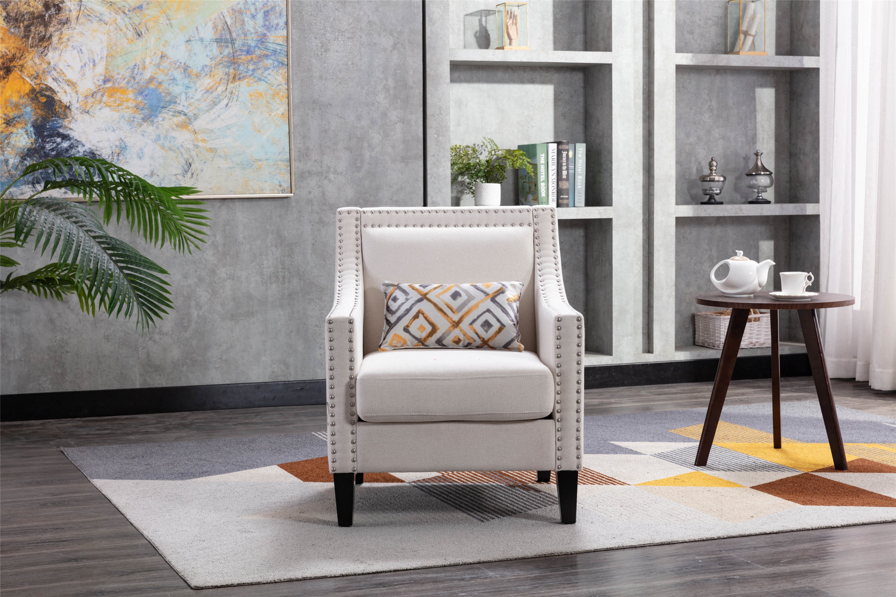 Vegas Beige Linen Accent Chair With Tufted Back and Nailhead Trim