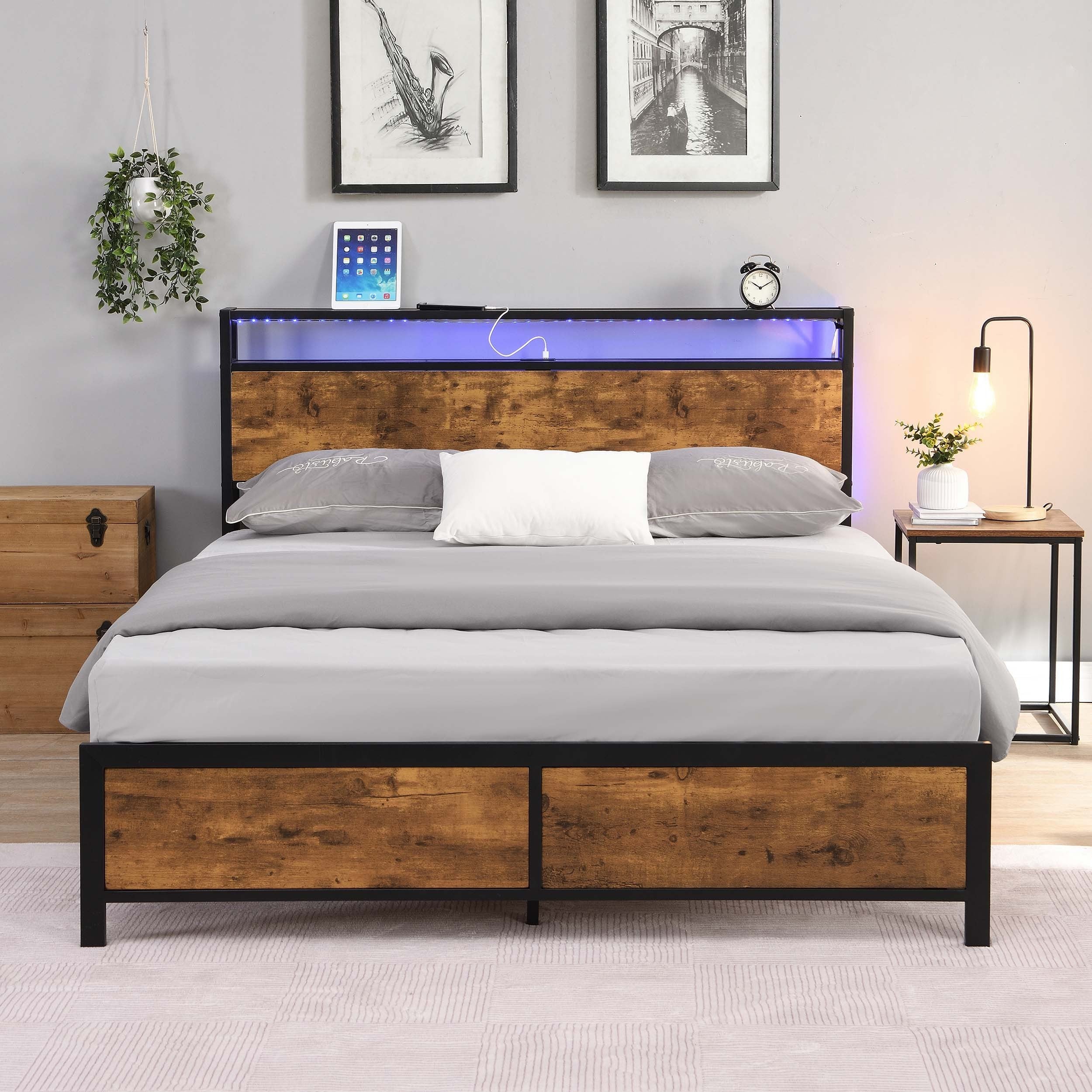 Jack Rustic Brown Full Platform Bed with LED light and USB Charge