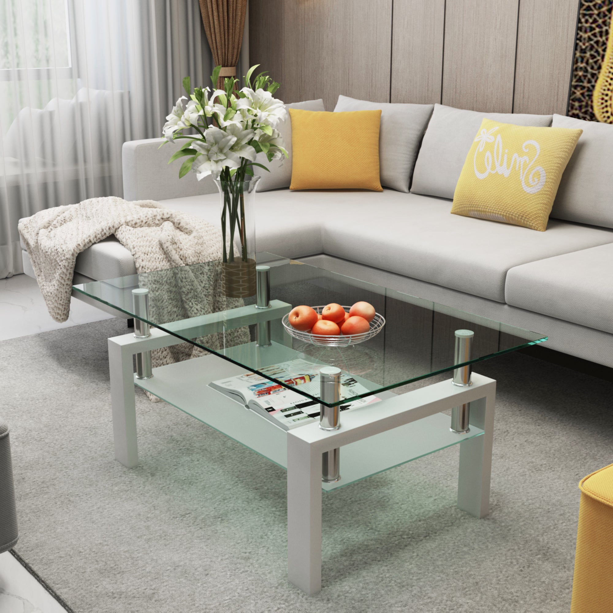 Modern White Rectangle Coffee Table with Undershelf