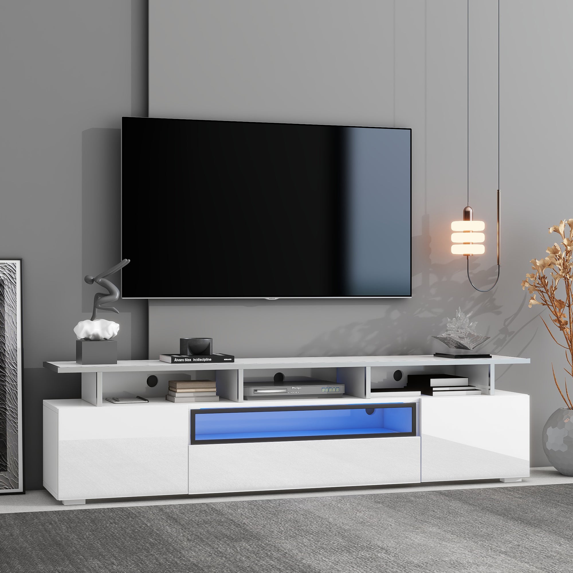 76.70"  Modern TV Stand for TV up to 89" with Push to Open Doors, UV High-Gloss Entertainment Center with Acrylic Board for TVs Up to 89", Stylish TV Cabinet with LED Color Changing Lights for Living Room