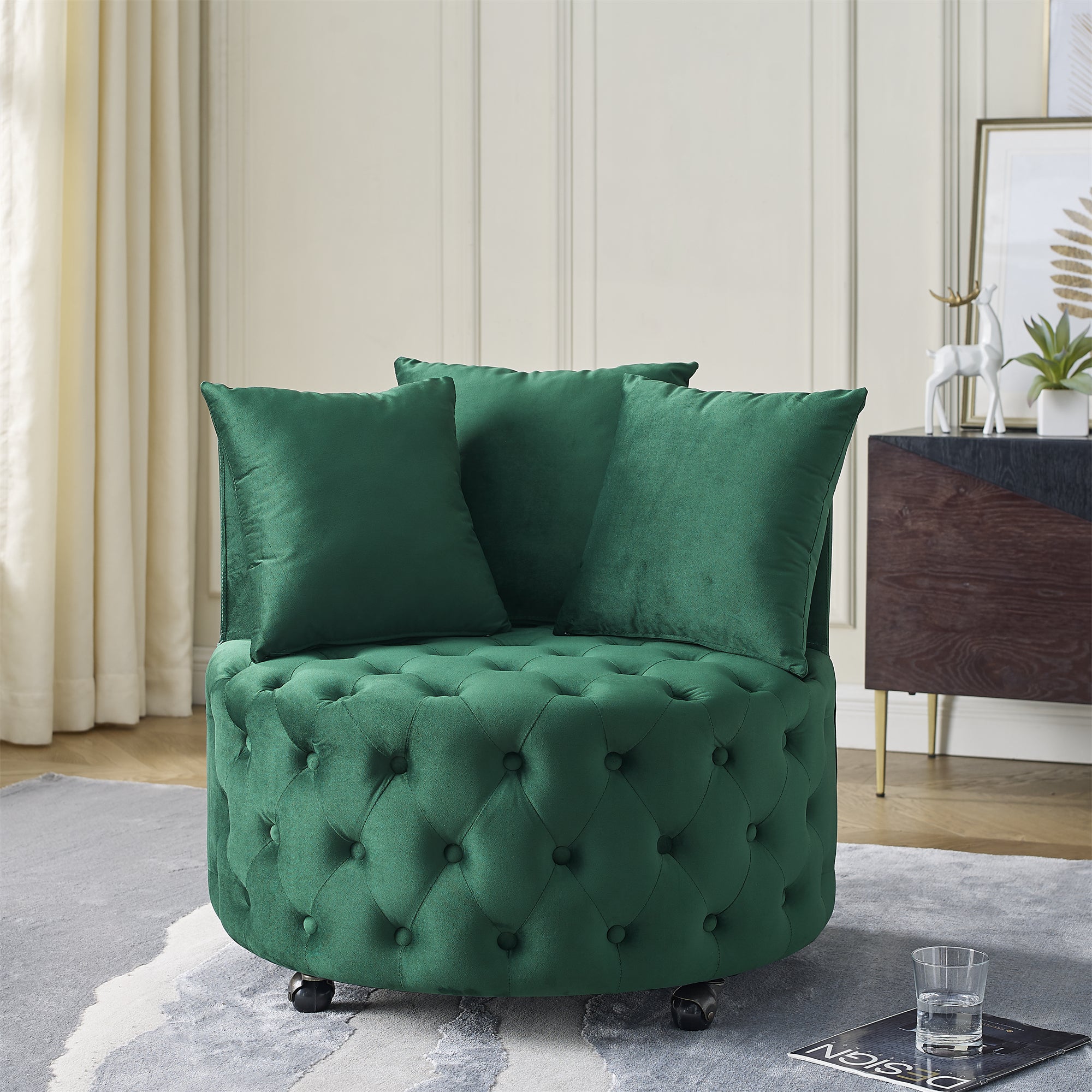 Cecilia green Velvet Tufted Seat Swivel Rolling Accent Chair with Pillows