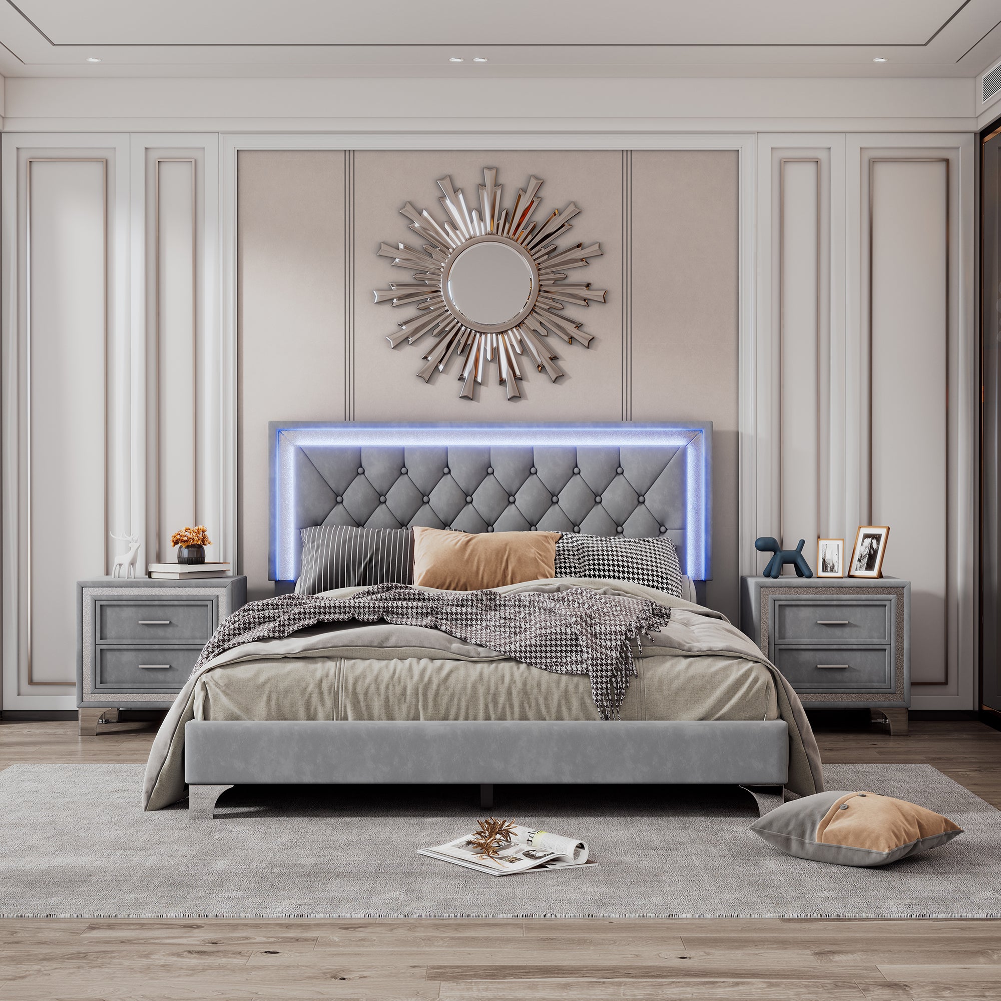 Tiffani 3 Piece Bedroom Sets, Queen Size Velvet Upholstered Platform Bed with LED Lights and Two Nightstands