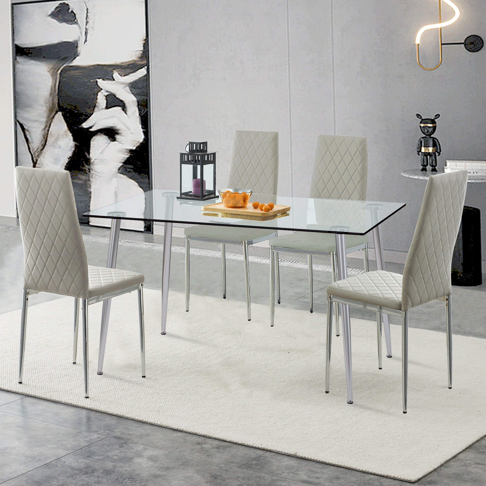 Halland 51.2"x 31.5" 5pc Modern Glass Dining Set Table and 4 Light Gray Dining Chairs