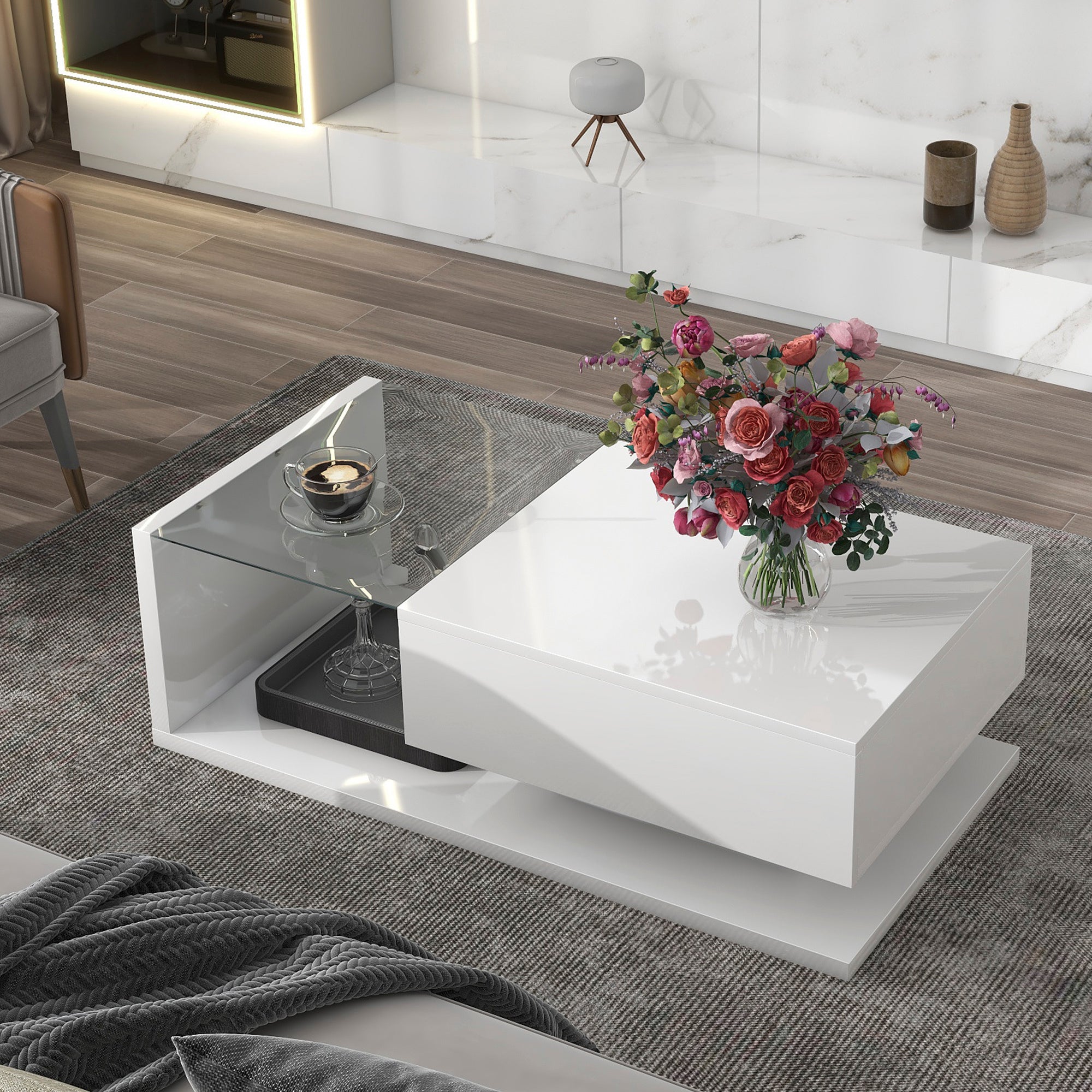White High Glossy Modern Coffee Table with Tempered Glass