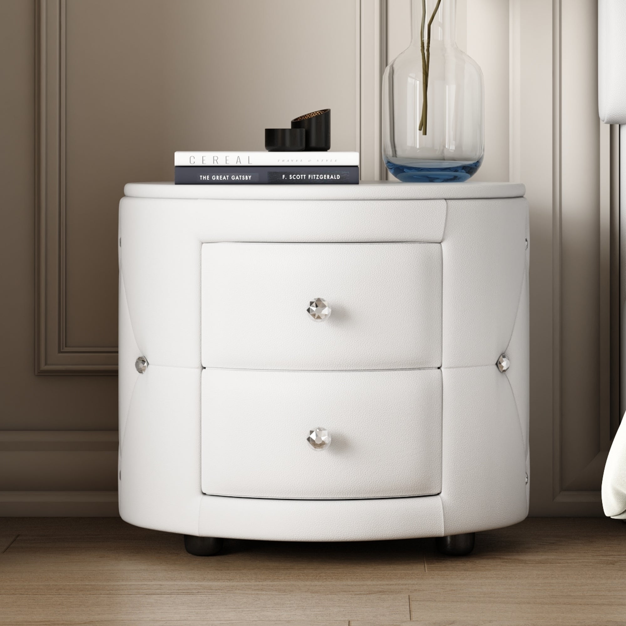 Modern White Faux Leather Nightstand with Faux Crystal Knobs 
