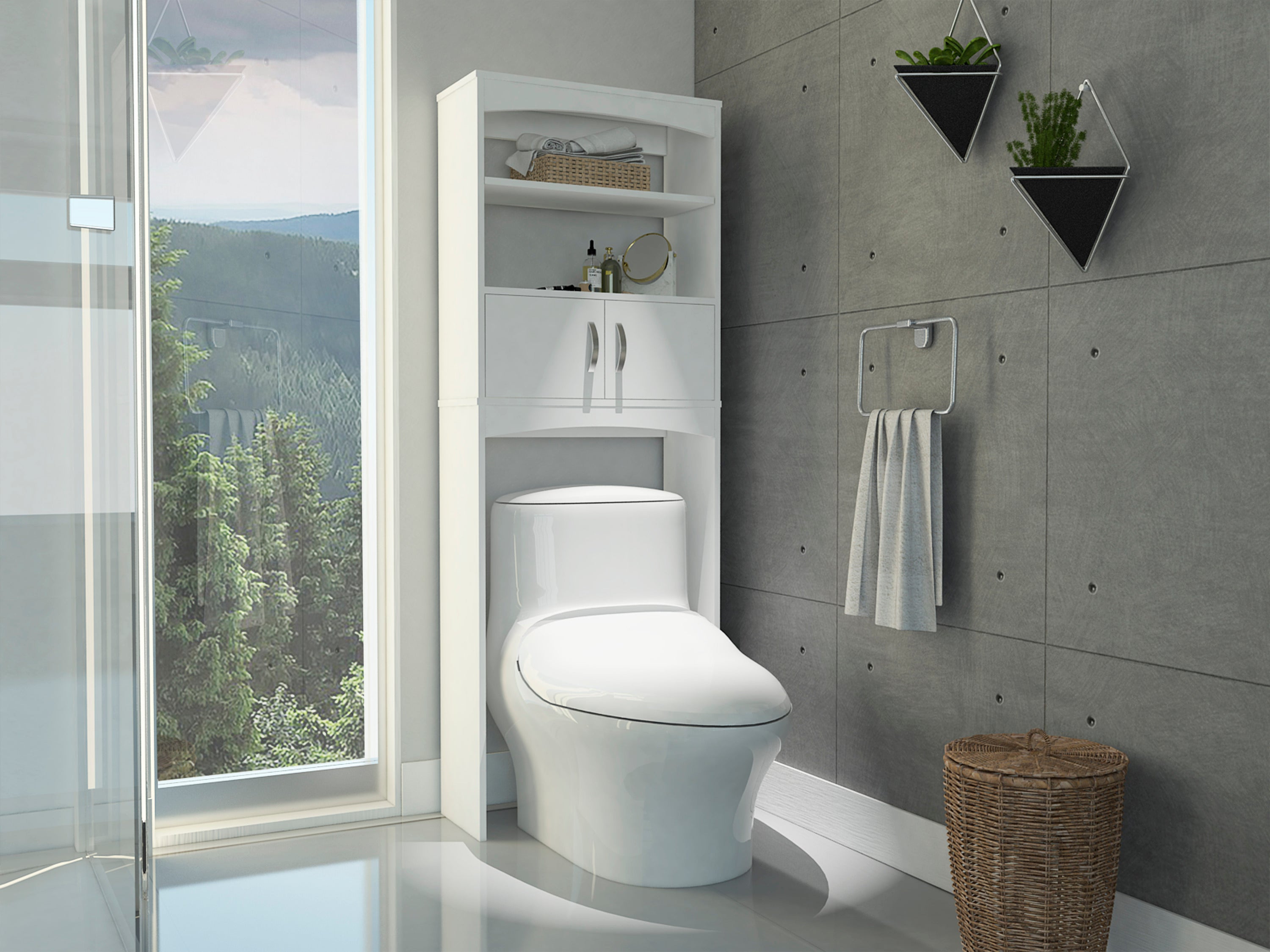 64.96"  white Over The Toilet Cabinet with Double doors and Shelves