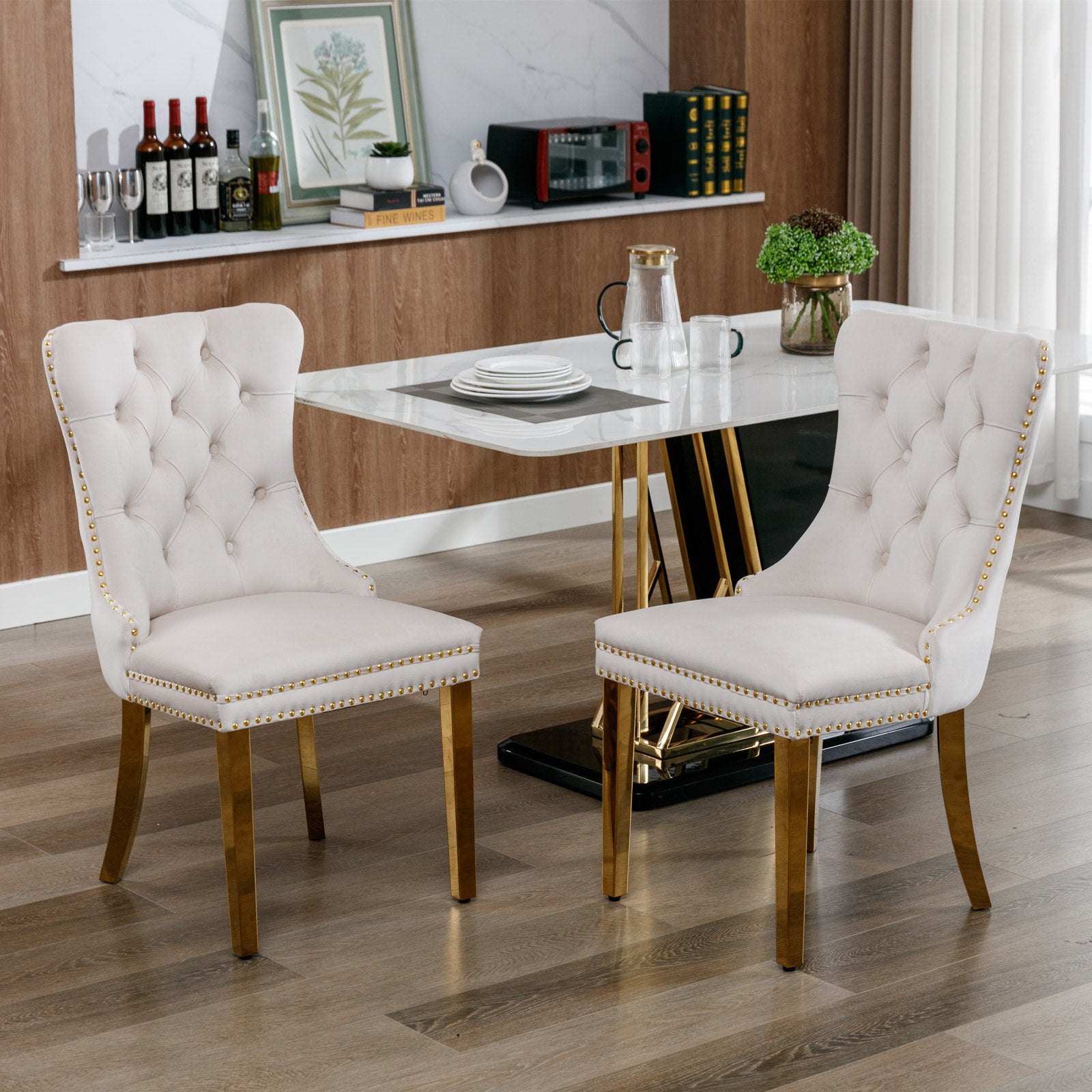 Set of 2 Paris Beige Velvet Tufted Dining Chair With Gold Metal Legs 