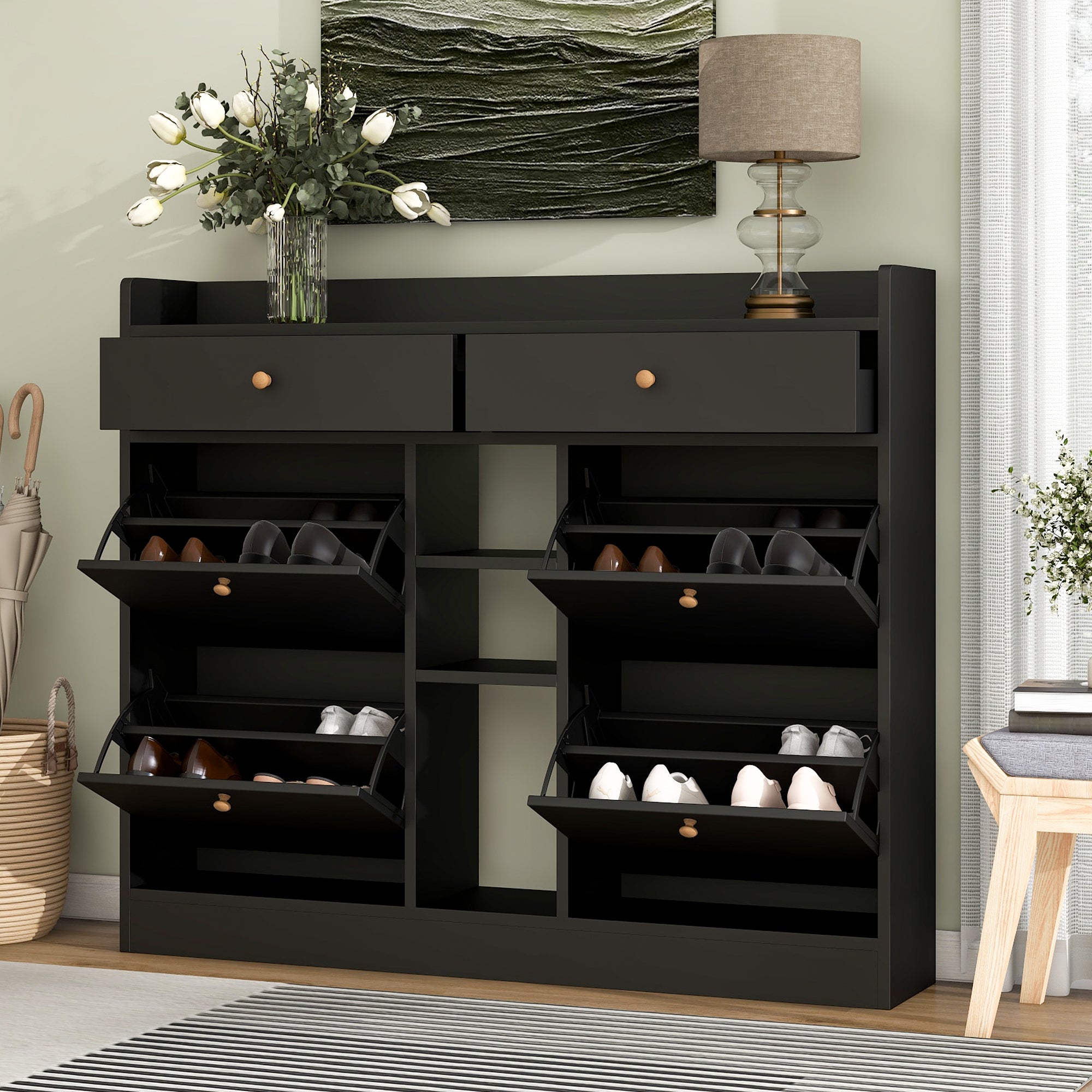 50.70" Black Shoe Storage Cabinet with Flip Drawers 