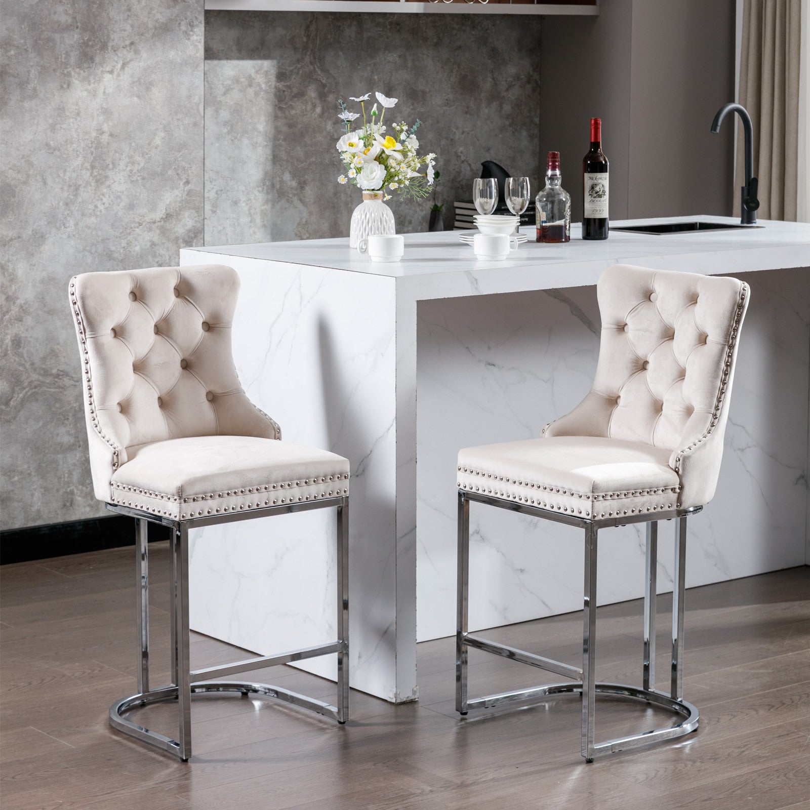 Set of 2 Velvet Modern Counter Stools with Tufted High Back and Chrome Legs 