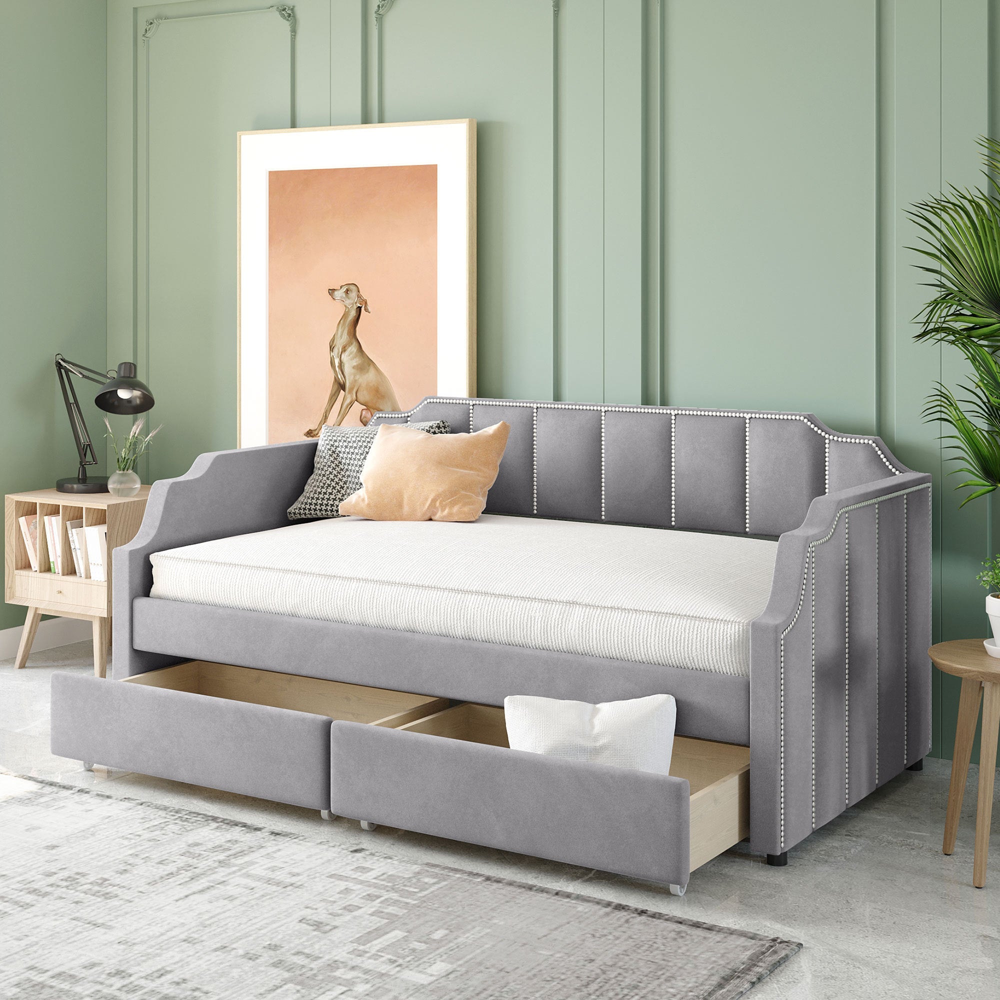 Ariel Gray Velvet Twin Daybed with Storage Drawers