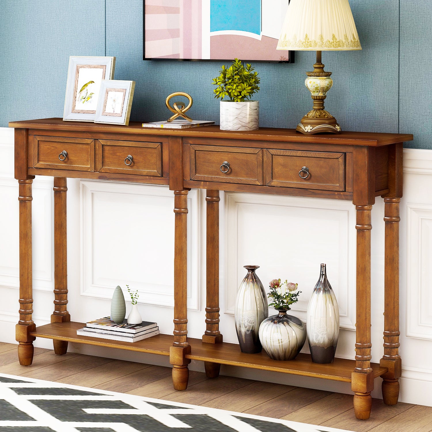 58" Accent Console Sofa Table, Sideboard, Antique Walnut color
