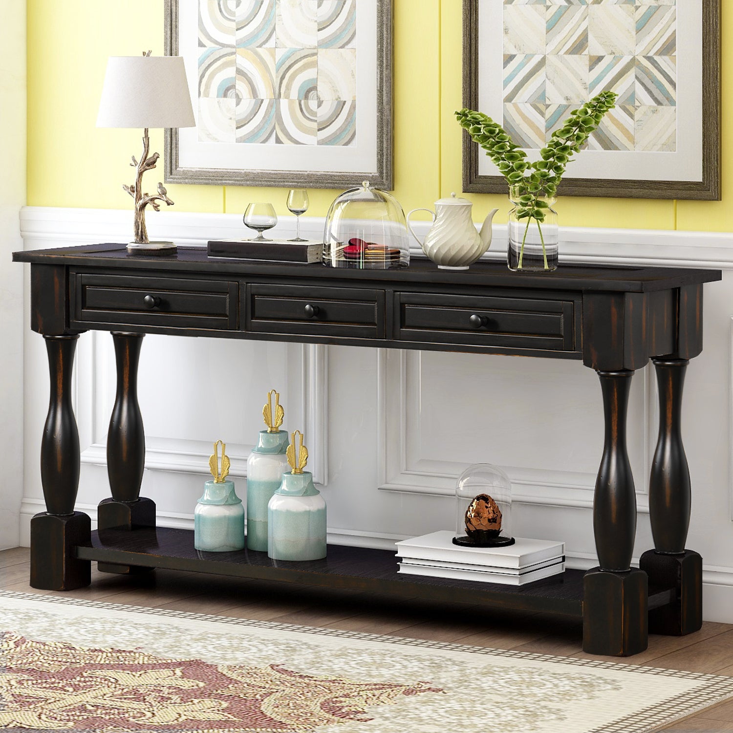 64" console table sideboard, entryway table distressed black color