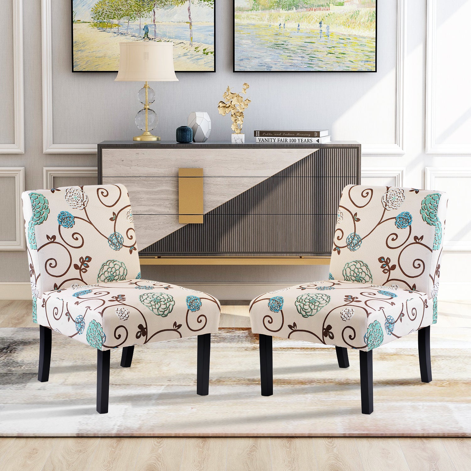 Ivy Set of 2 Beige Floral Pattern Accent Chairs 