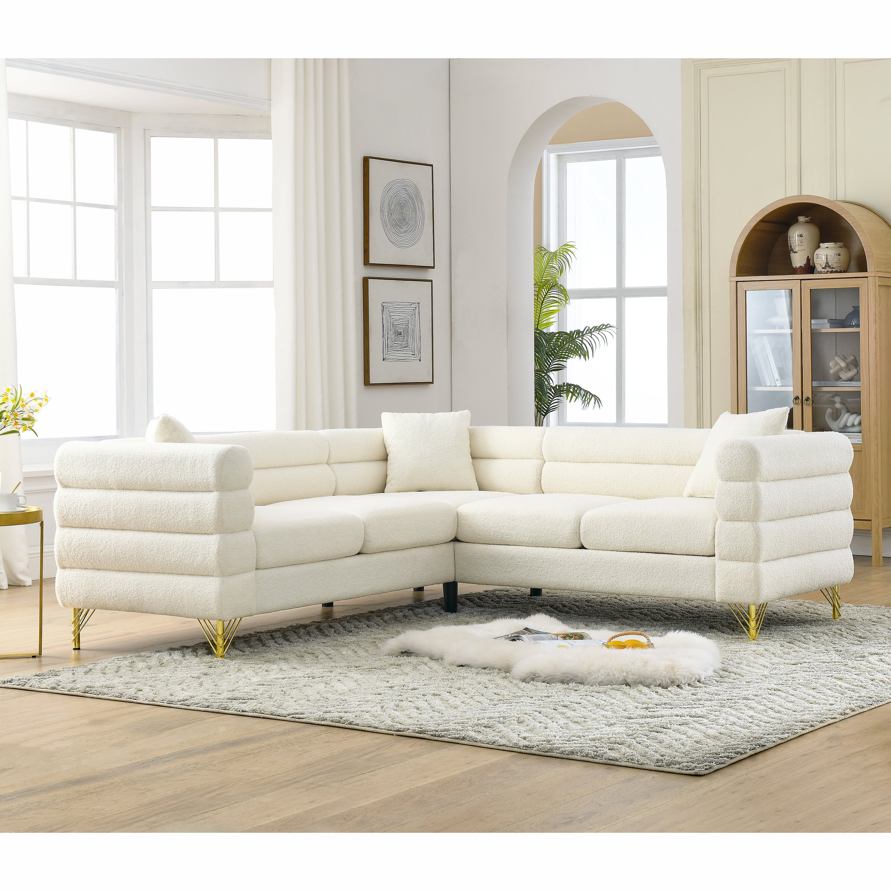 Lorenzi  beige Boucle Fabric Upholstered Sectional Sofa with Gold metal Legs