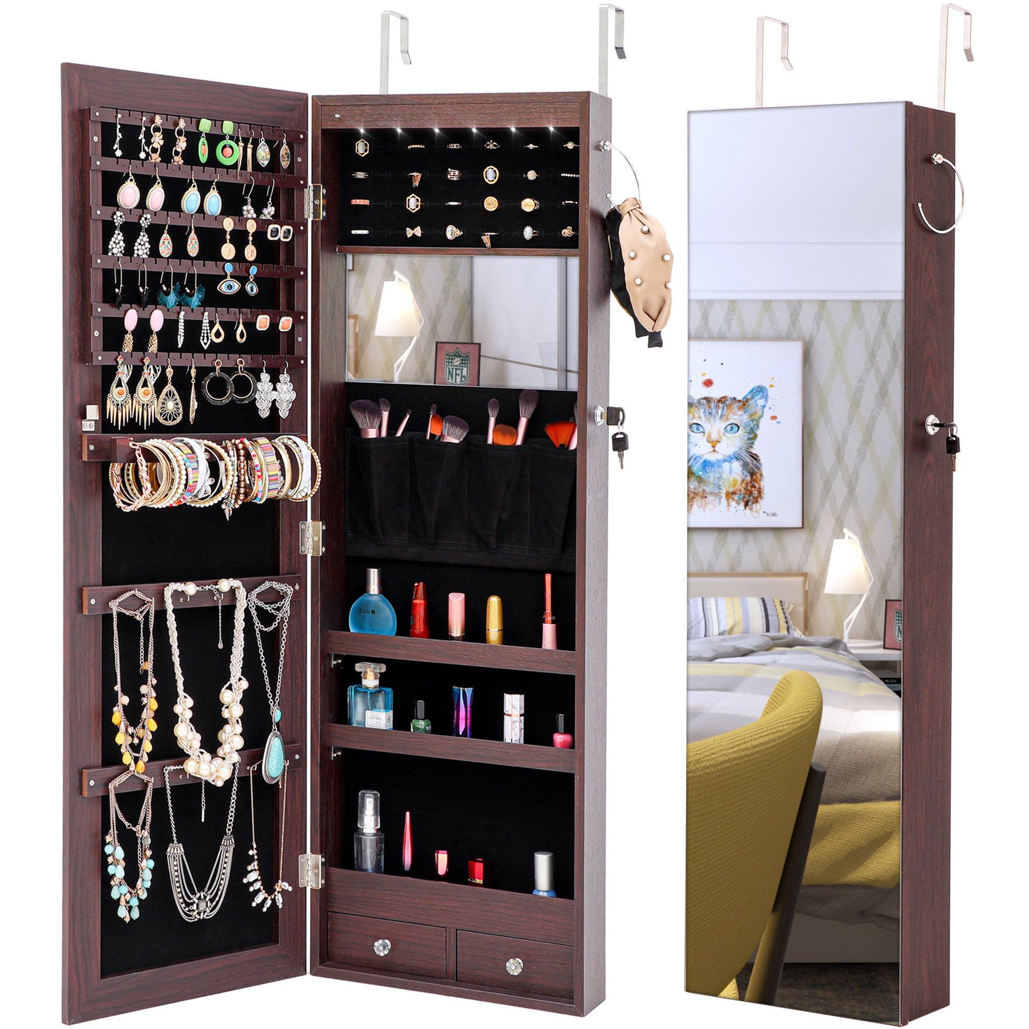 Brown Jewelry Storage Mirror Cabinet With LED Lights Can Be Hung On The Door Or Wall