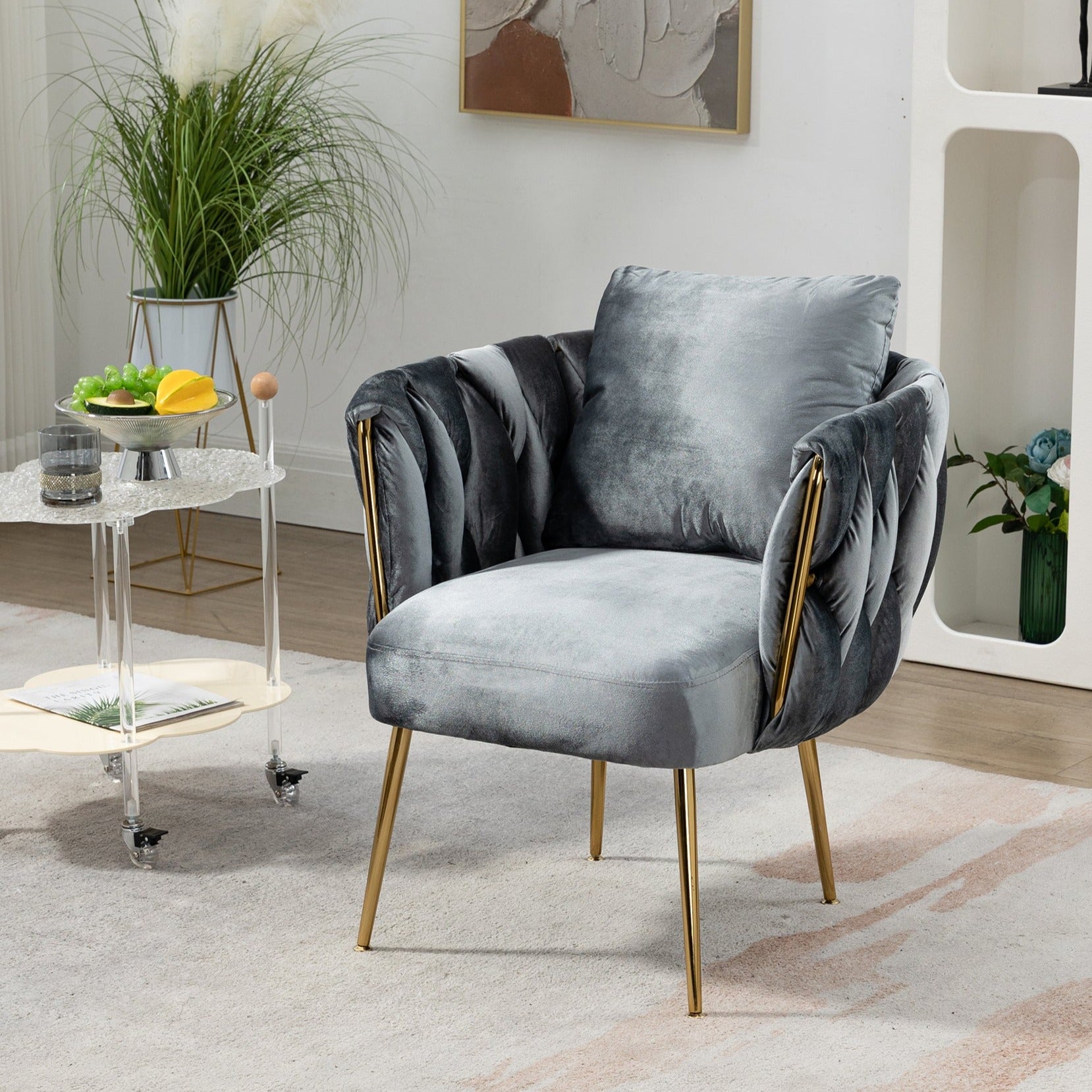 Zuri Modern gray Velvet Accent Barrel Chair with Gold Metal Legs