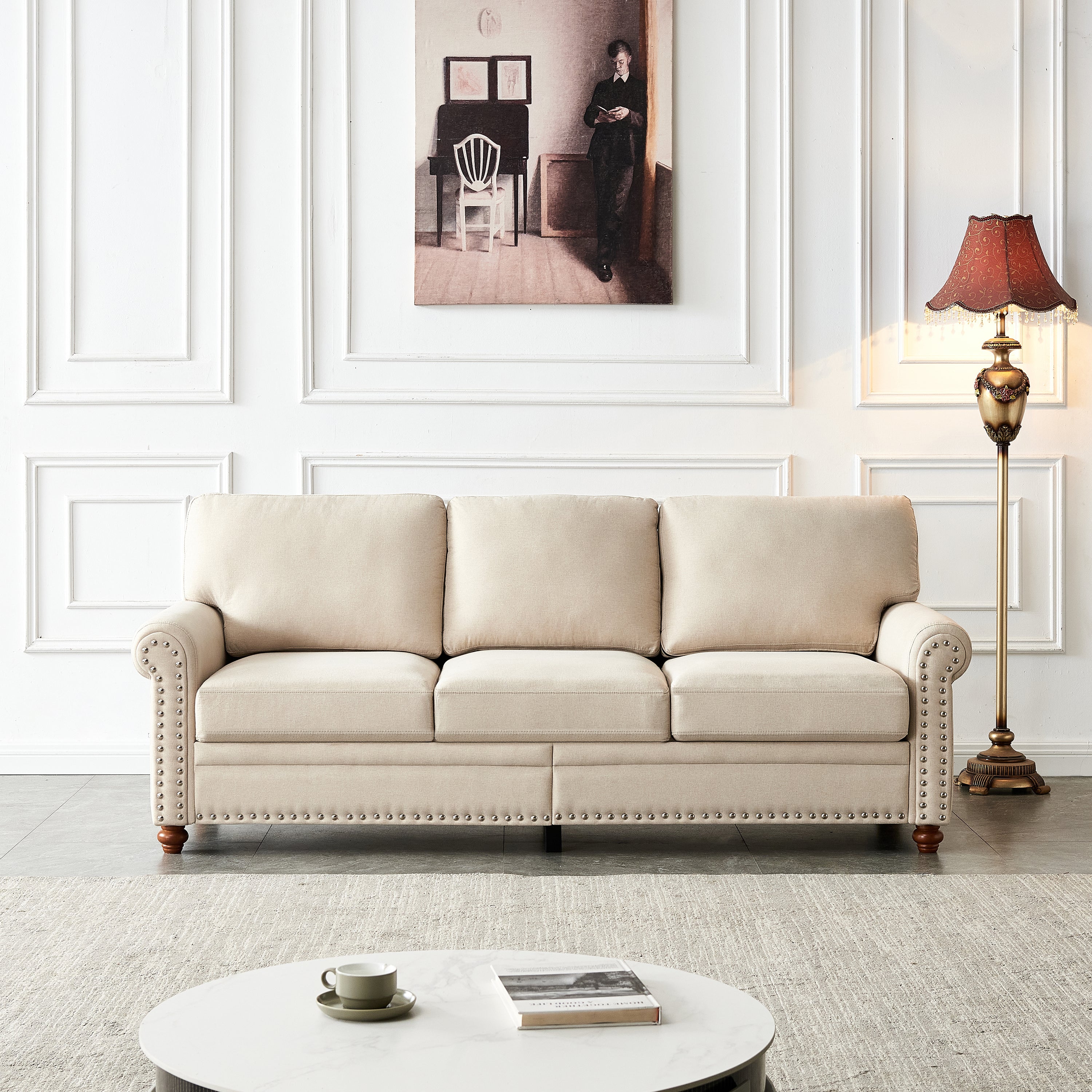 Cooper 82" Beige Linen Sofa With Nailhead Trim