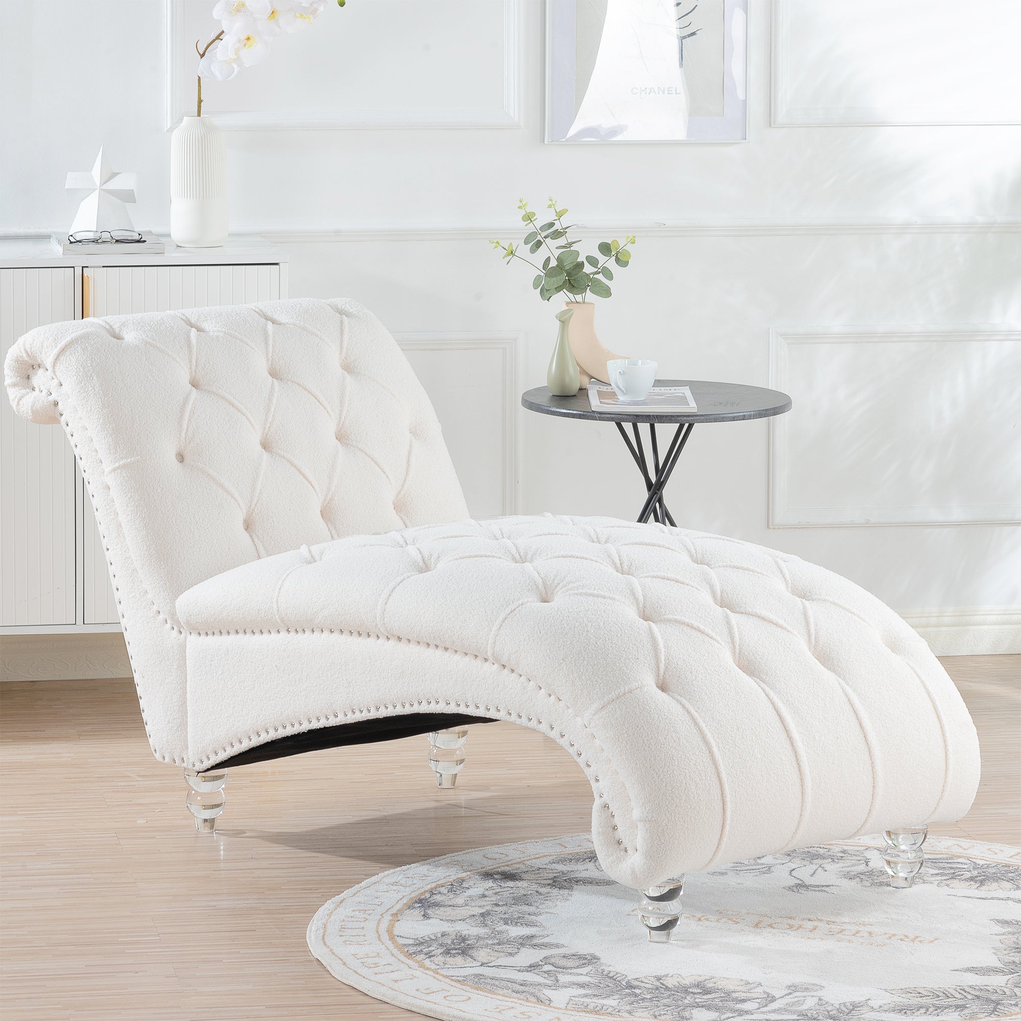 Yasmin White Boucle Tufted Chaise Lounge with Clear Acyclic Legs