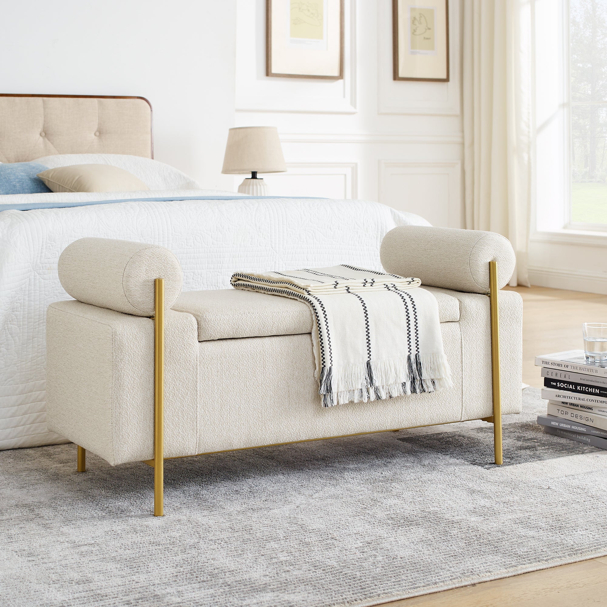  Upholstered Beige Linen Storage Bench with Cylindrical Arms and Iron Legs 