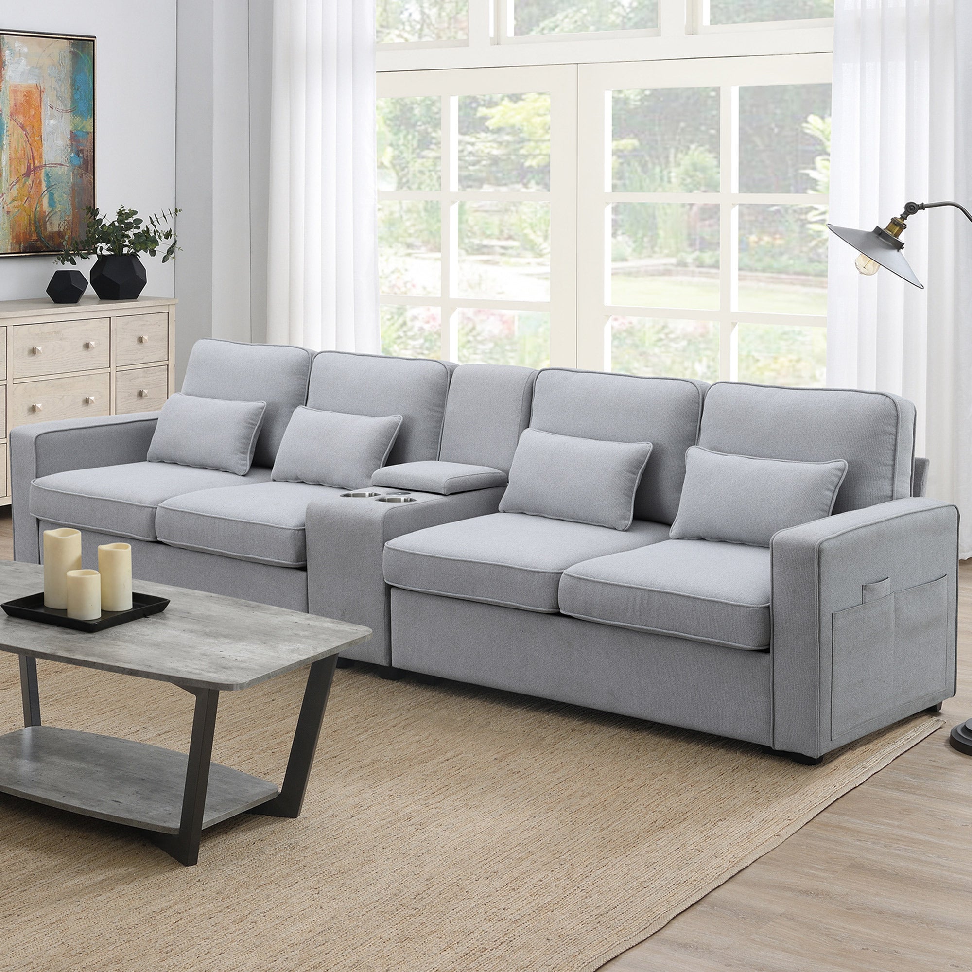Clint 114.2" Light Gray Linen 4 Seater Sofa with Console, 2 Cupholders and 2 USB Ports Wired or Wirelessly Charged