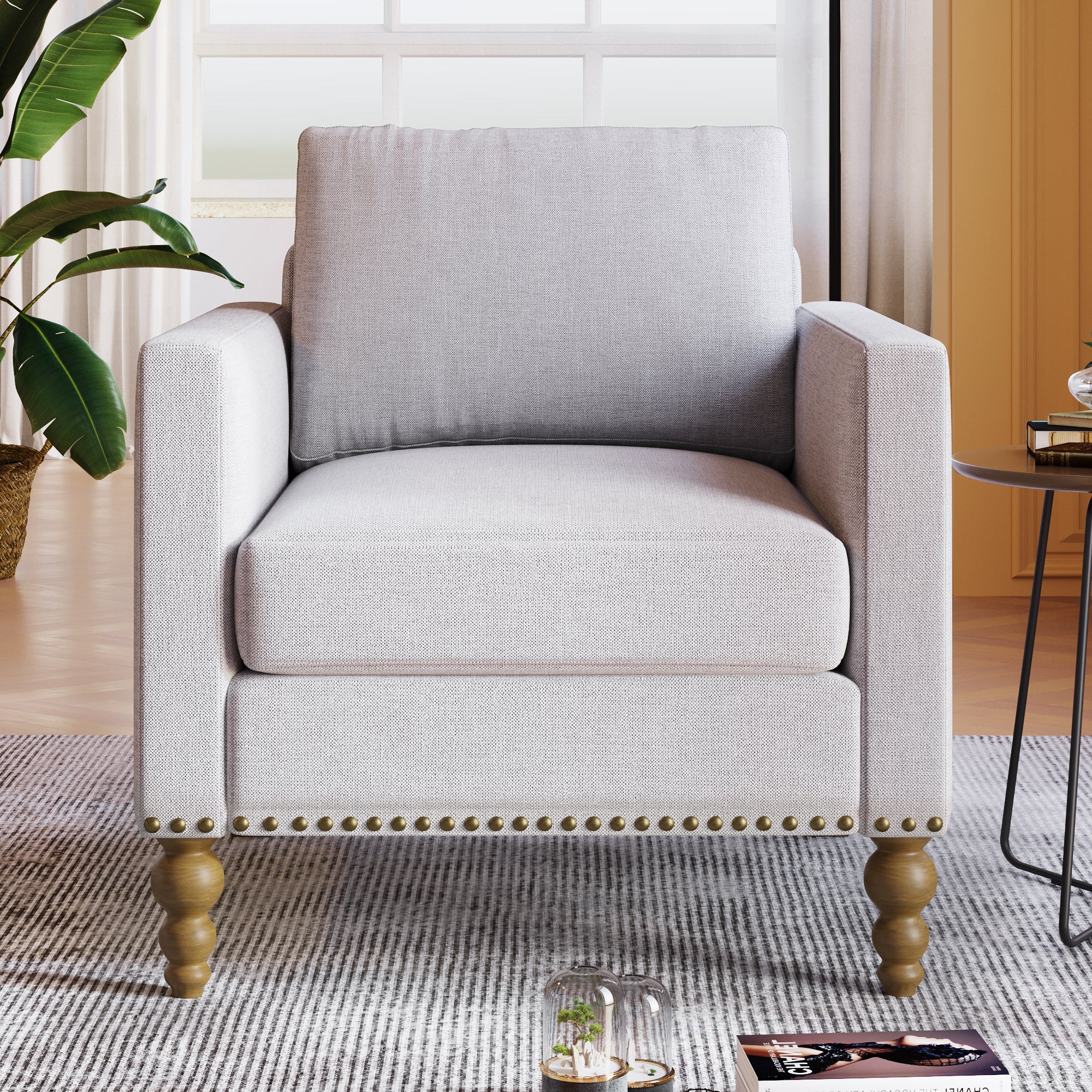 Beige Linen Accent Armchair with Bronze Nailhead Trim and Wooden Legs