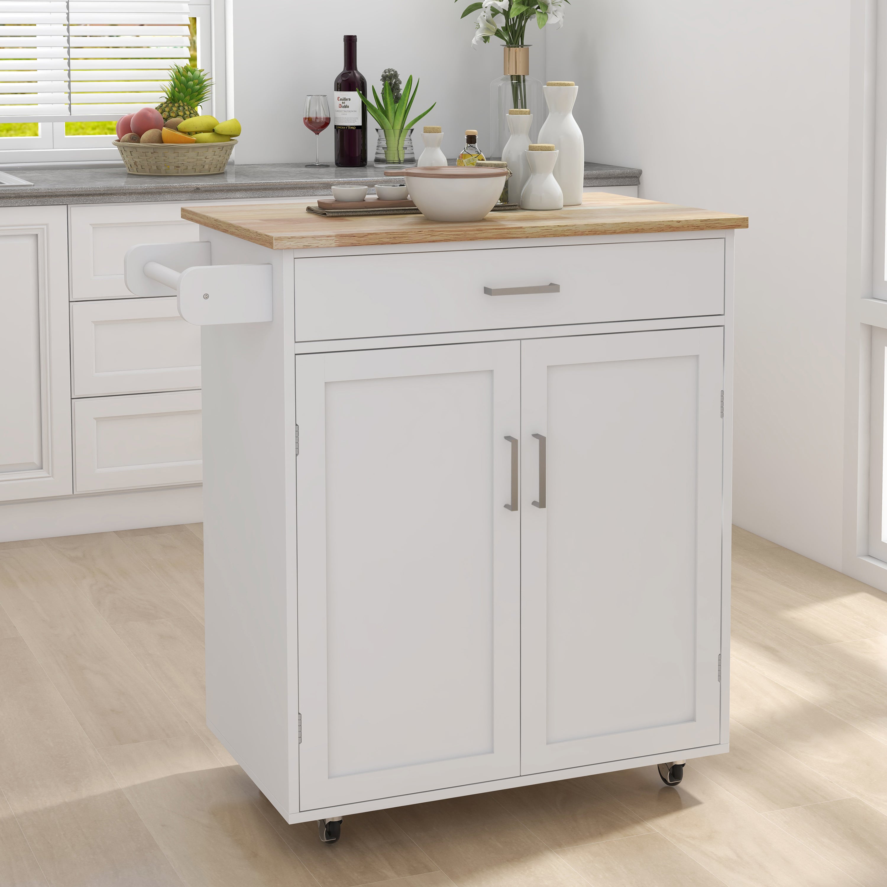 32.68" Rolling Kitchen Cart with Towel Rack Solid Wood Top 