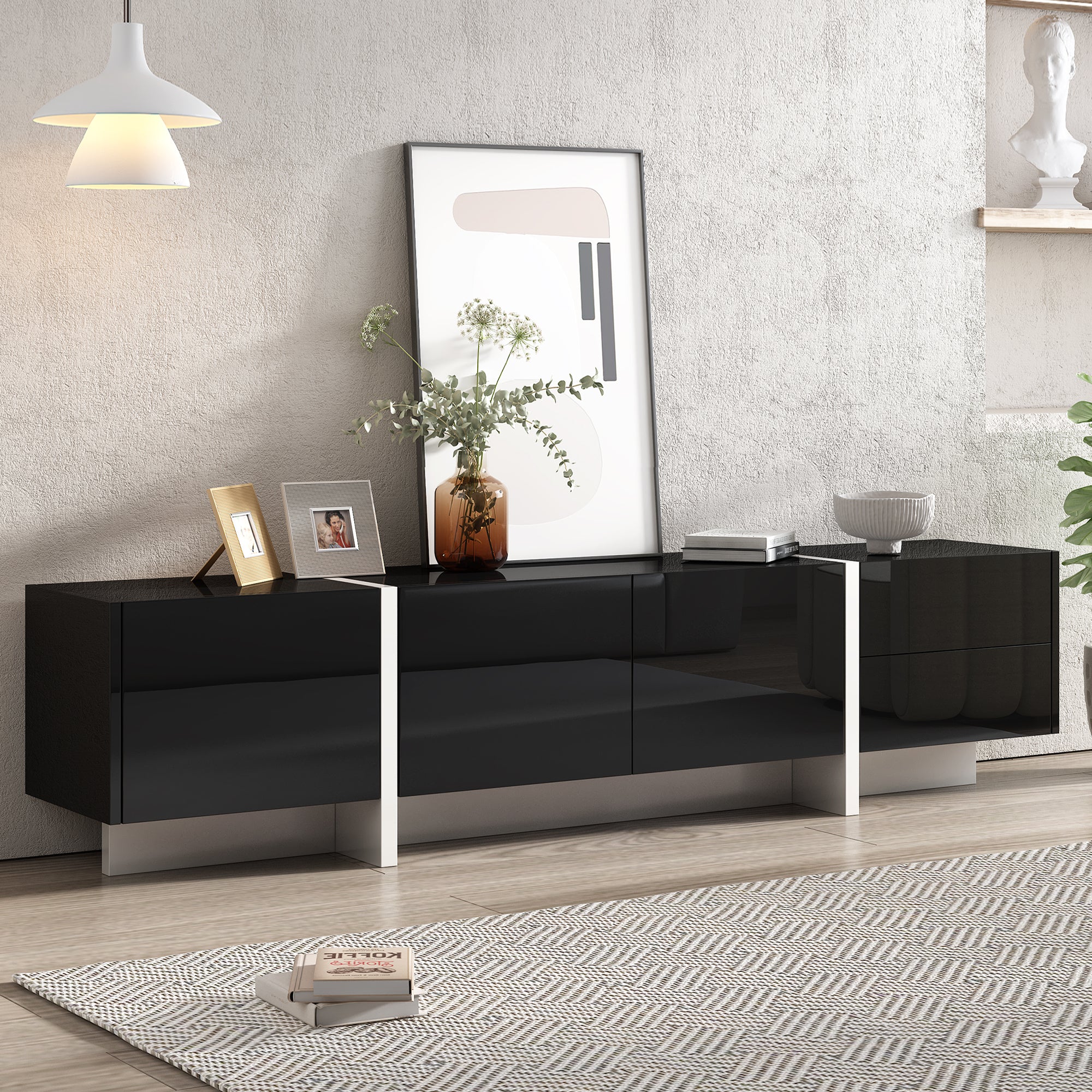 74.80" White & Black Contemporary Rectangle Design TV Stand, Unique Style TV Console Table for TVs Up to 86'', Modern TV Cabinet with High Gloss UV Surface for Living Room.