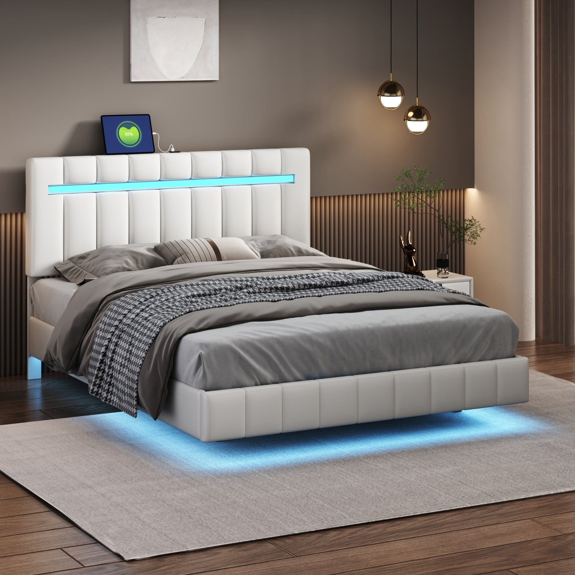 Lazio White Faux Leather Queen Floating Platform Bed with LED Lights and USB Charging