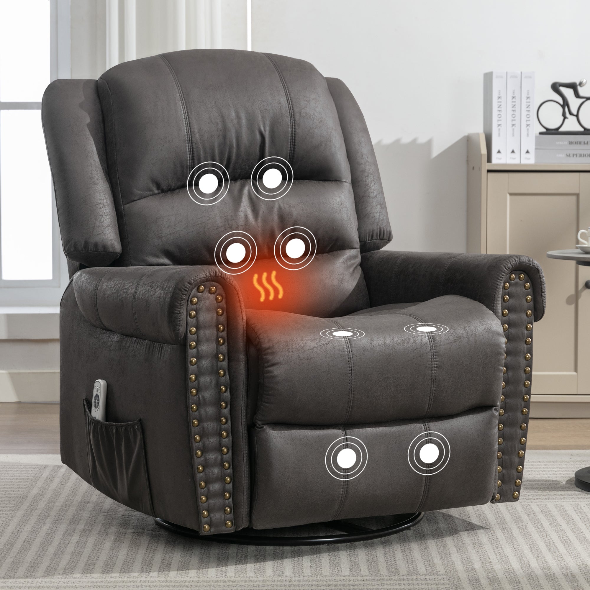 Liam Oversized Manual Pull Swivel Rocker Recliner With Vibrate Massage heat and USB Charge Port