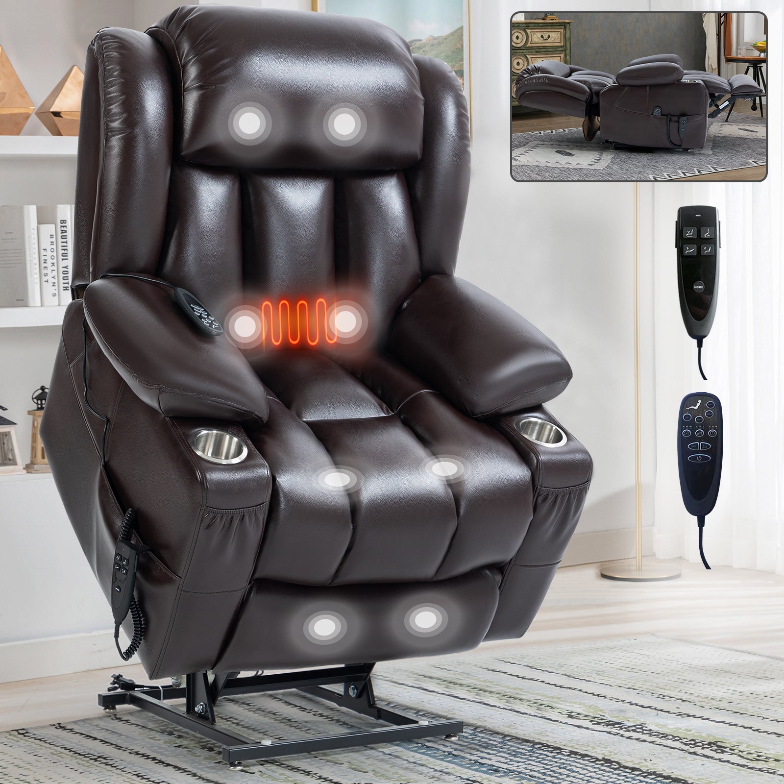 Samuel brown Faux Leather Power Lift Recliner Chair with Massage and Lumbar Heating 