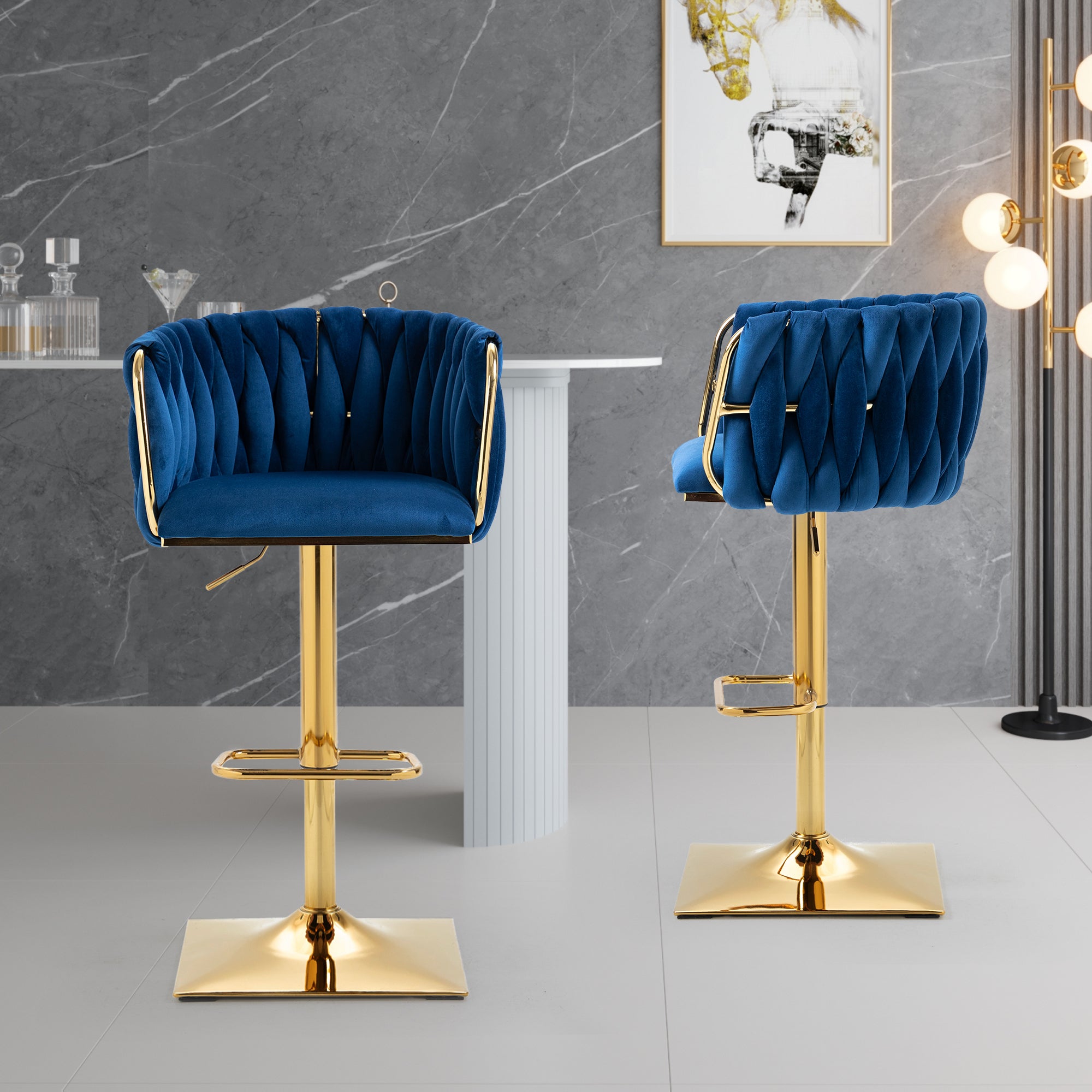 Set of 2 Luxury blue Velvet Modern Swivel Adjustable Height Barstools with Gold finish legs