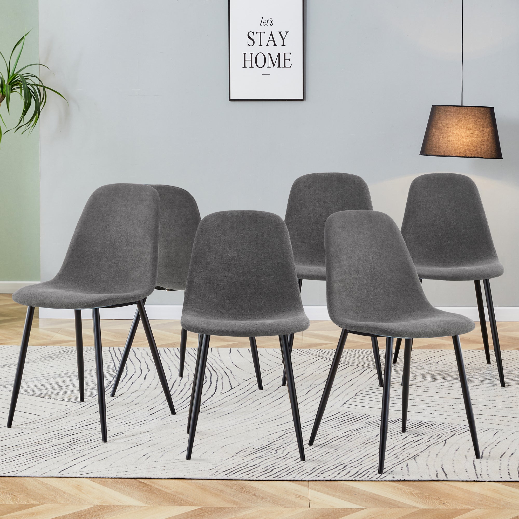 Set of 6 Gray Linen Upholstered Dining Chairs with Black Metal Legs