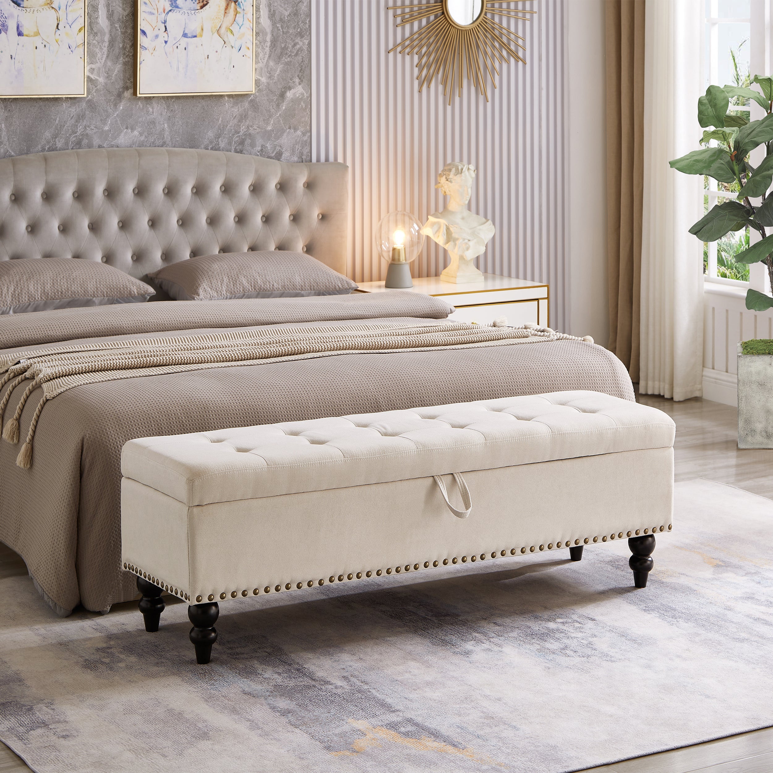 59" Linen Fabric Storage Bench for Entryway, Bedroom, Livingroom