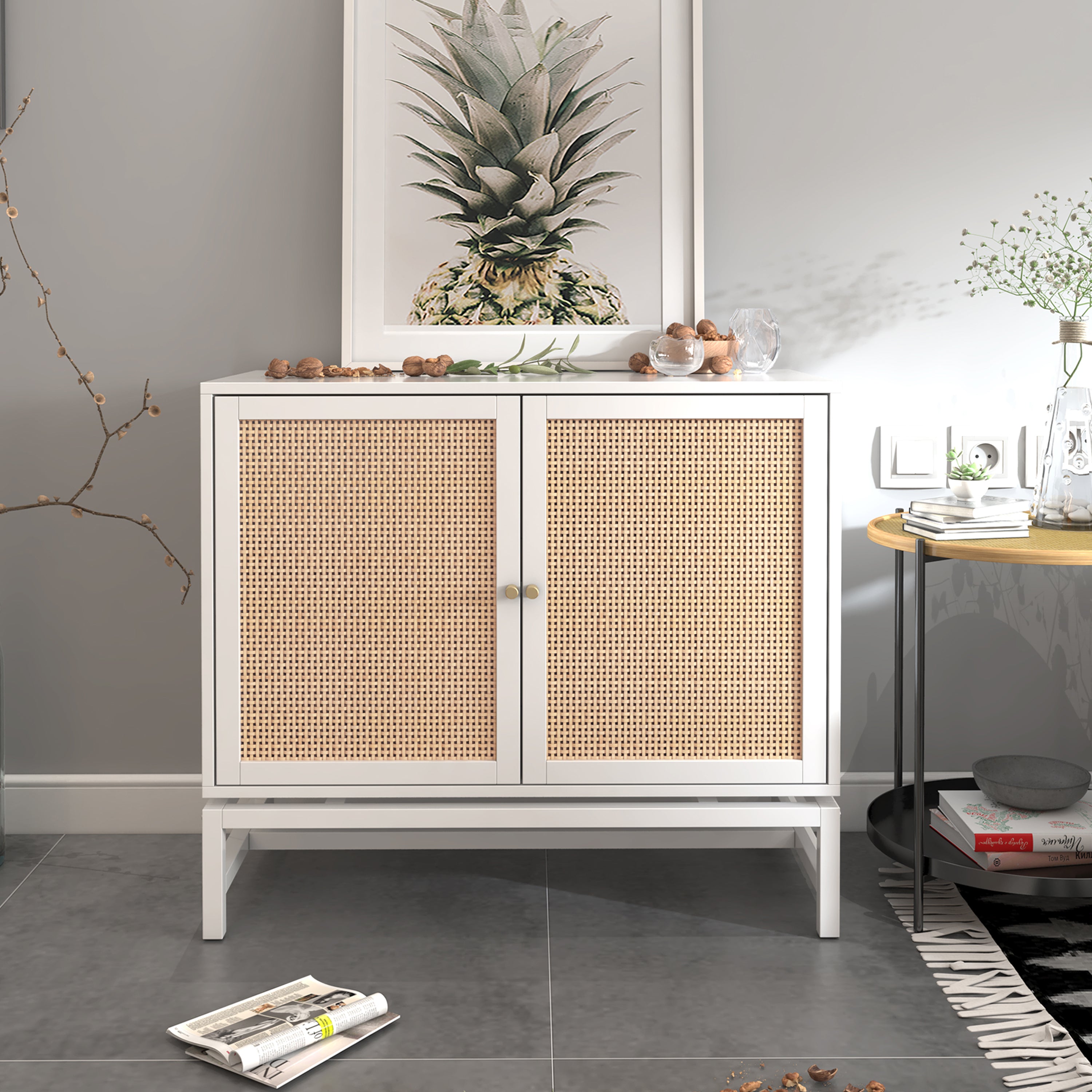 Natural rattan White 2 Door Accent Storage Cabinet with Metal Legs
