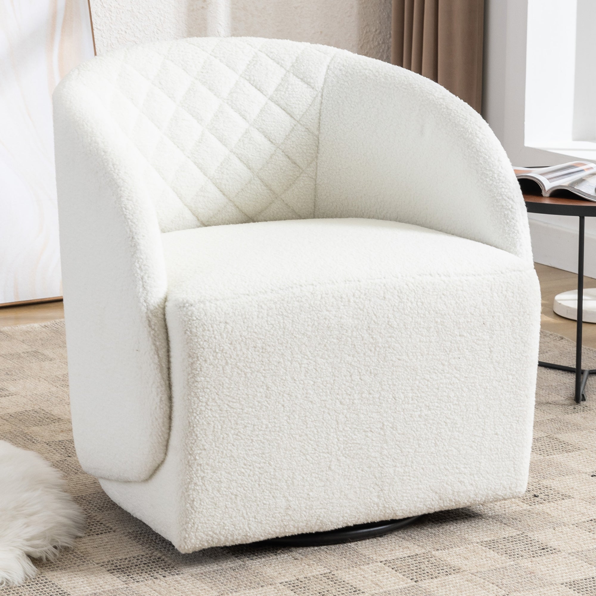 White Boucle Fabric Swivel Accent Barrel Chair 