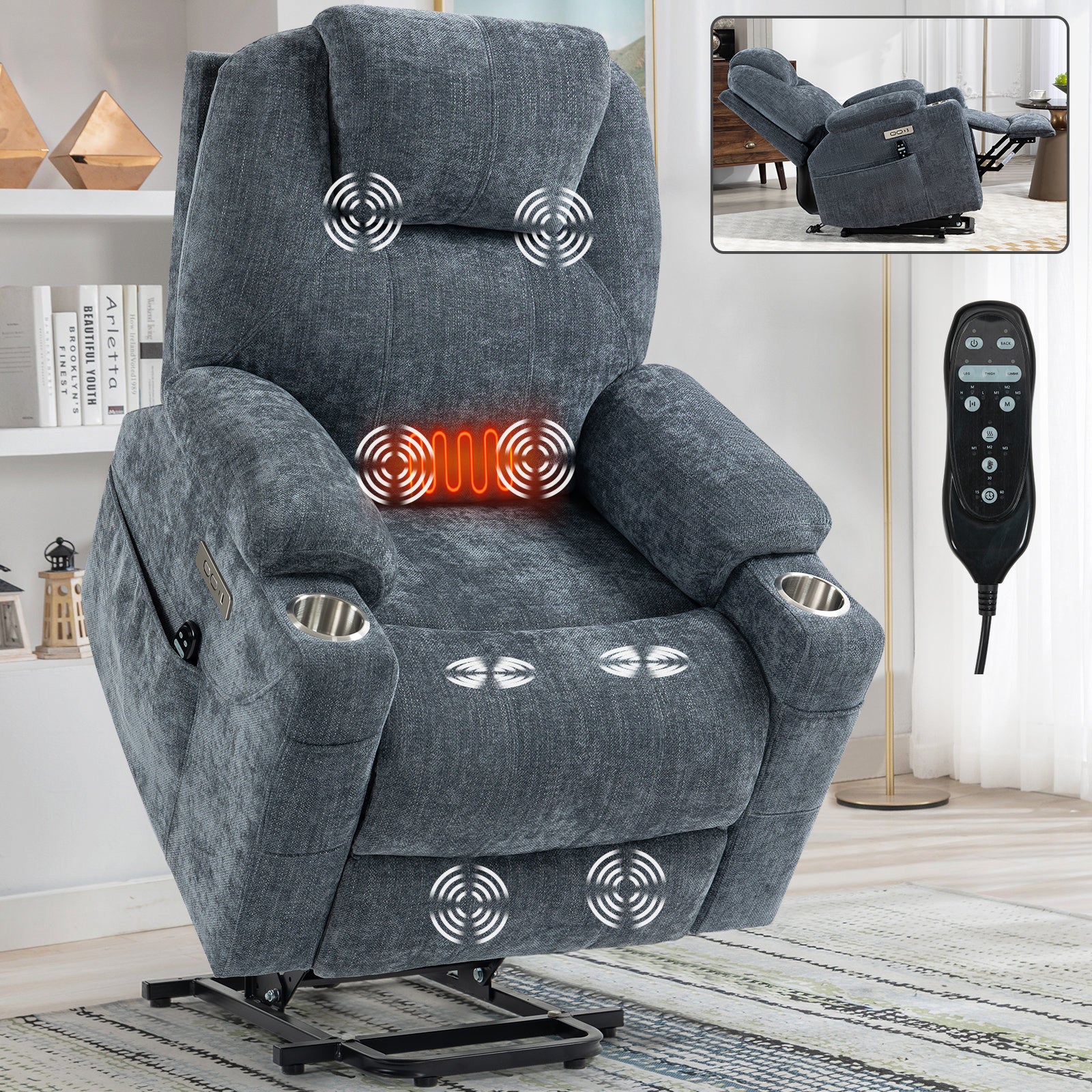 Oliver gray Chenille Power Lift Recliner With Massage and Heating, USB Charge Port and Cup Holder