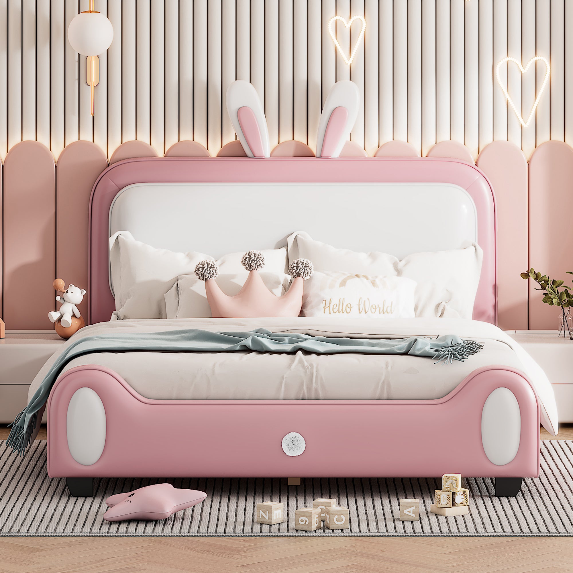 Bunny Twin or Full White and Pink Faux Leather Platform Bed 