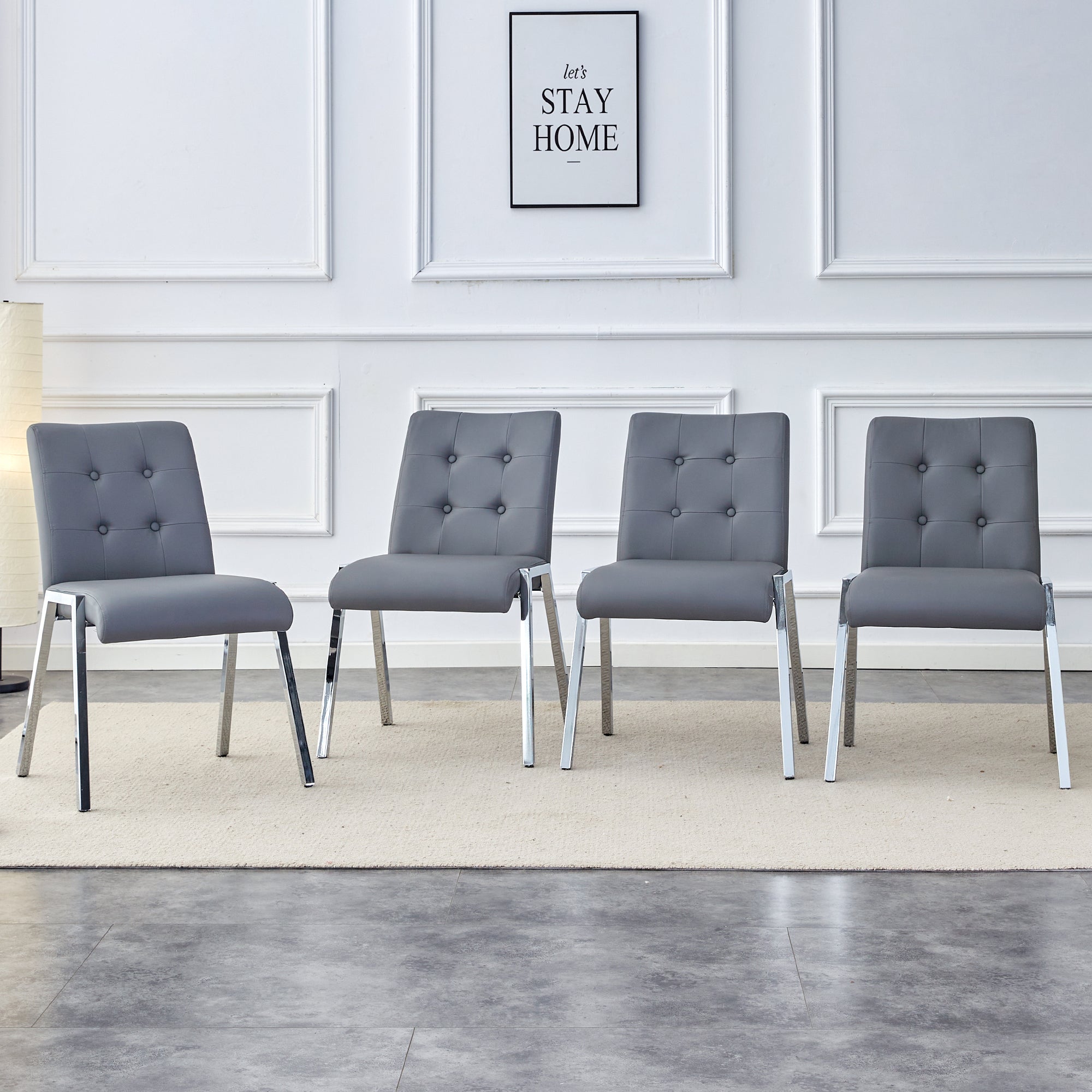 Set of 4pc Gray Faux Leather Tufted Dining Chairs with Chromed Legs